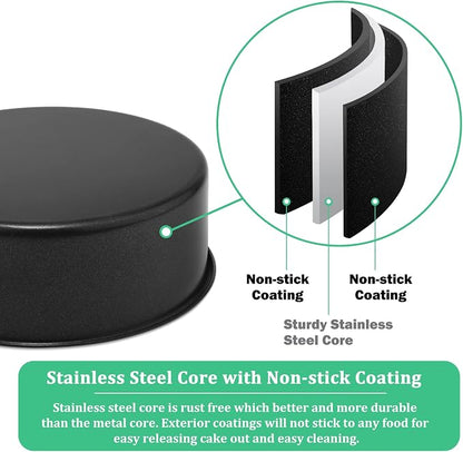 P&P CHEF 6 Inch Cake Pan, Nonstick Round Baking Layer Cake Pans Tins Set for Birthday Wedding, 2.94-Inch Deep Side & One-piece Design, Stainless Steel Core & Easy Clean, Black 3Pcs