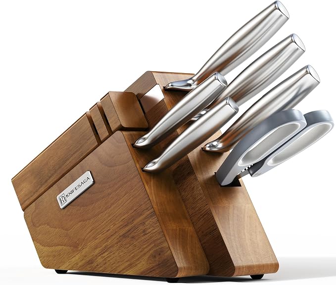 KnifeSaga Kitchen Knife Set with Block and Detachable Sharpener | 8-Piece High Carbon Stainless Steel Knife Block Set, Fully Forged Blades & Compact Design