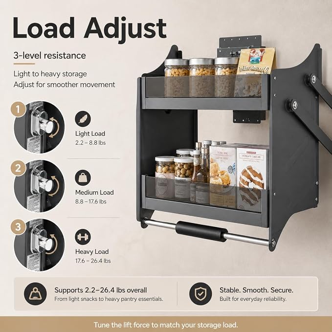 Pull Down Cabinet Shelf 2 Tier Pull-Out Cabinet Organizer Adjustable Bearing Kitchen Cabinet Organizer Shelves with Double-Lever, Drop Down Shelf Organizer Spice Rack System for Dish Rack