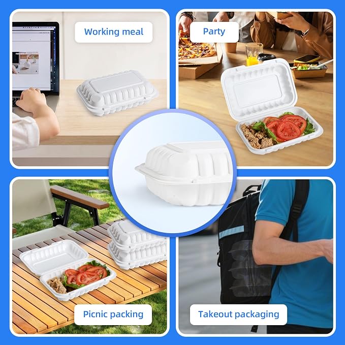 YANGRUI 50-Pack 28oz 9x6 White Takeout Boxes - Shrink Wrapped No Pre-Wash | BPA Free Heavy Duty Mineral PP, Microwave & Freezer Safe | Reusable Clamshell for Sandwiches, Subs & Meal Prep
