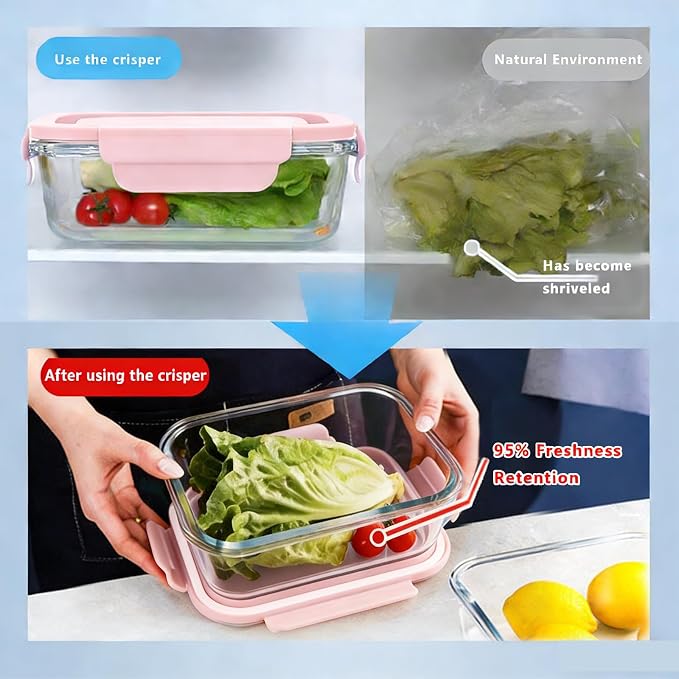 Glass Food Storage Containers with Lids, Airtight Meal Prep Containers, 4 Pack Set with Multiple Sizes (Pink)