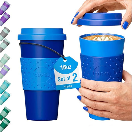 Copco Acadia 16oz Travel Mug with Lid, Set of 2 Double Wall Insulated Tumbler, Non-Slip Sleeve and BPA-Free - Microwave & Dishwasher Safe, Reusable Plastic To Go Travel Coffee Mug (Navy/Blue)