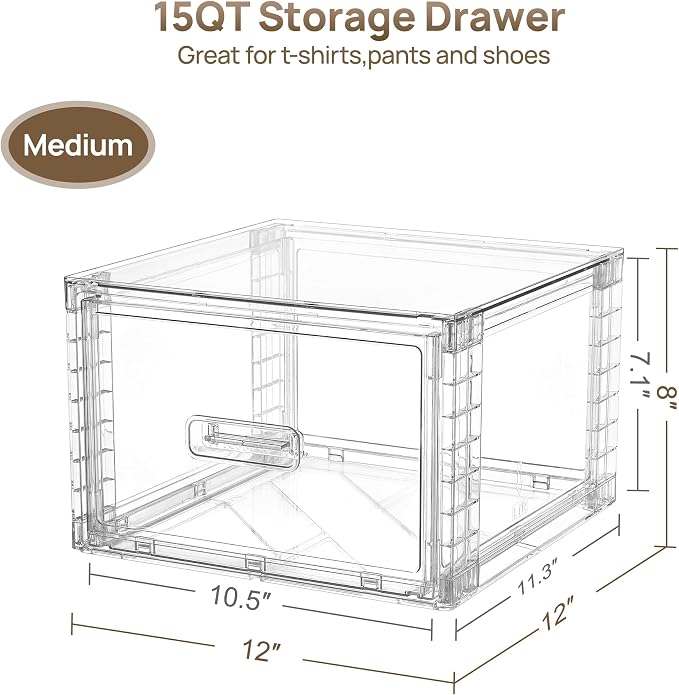 Vtopmart 9 Pack Clear Stackable Storage Drawers 15QT,Easily Assemble Closet Organizers,Plastic Storage Bins for Bathroom,Cabinet,Kitchen Pantry,Under Sink Organization(Medium)