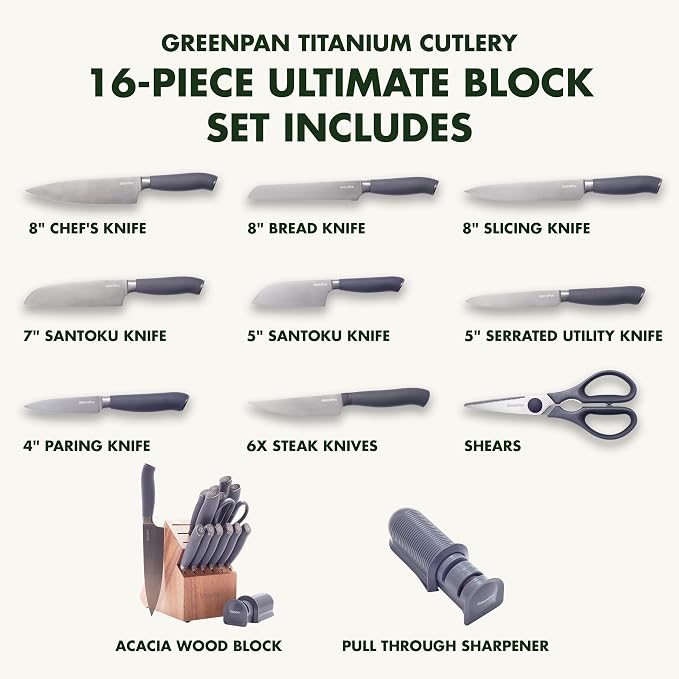 GreenPan 16-Piece Knife Block Set, Professional Stainless Steel Blades with Titanium Coating, Ultra-Sharp Kitchen Cutlery, Chef, Santoku, Bread & Steak Knives, Ergonomic Grip, Slip Resistant, Gray