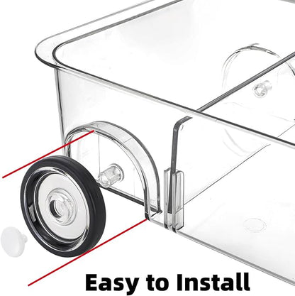 2 Pack Refrigerator Organizer Bin with Wheels, Roll Out Pantry Storage with Dividers, Clear Plastic Refrigerator Drawer, Upgrade Thick Fridge Caddy for Under Sink, Kitchen Organization
