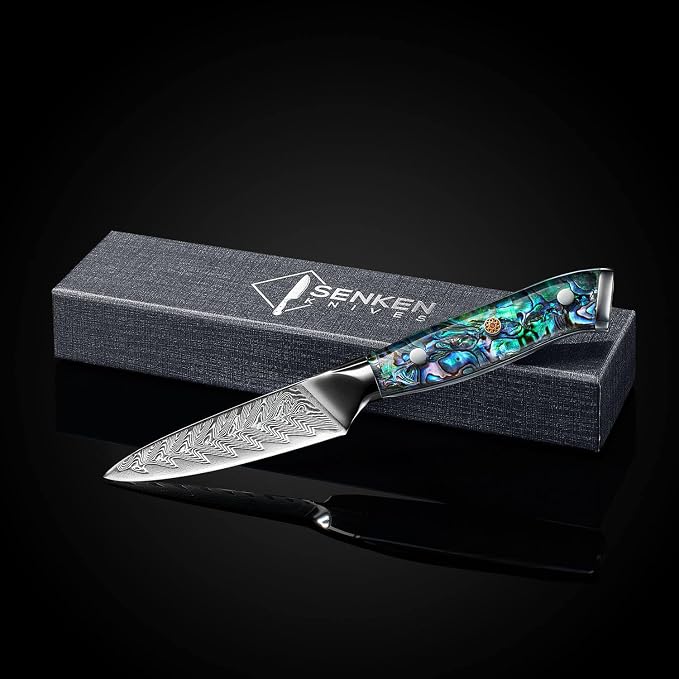 SENKEN Damascus Steel 3.5" Paring Knife with Real Deep-Sea Abalone Shell Handle - Damascus Peeling Knife - 67-Layer Japanese VG10 Forged Steel Blade, Integrated Full-Tang Molding (3.5" Paring Knife)