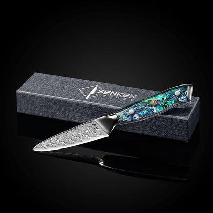 SENKEN Damascus Steel 3.5" Paring Knife with Real Deep-Sea Abalone Shell Handle - Damascus Peeling Knife - 67-Layer Japanese VG10 Forged Steel Blade, Integrated Full-Tang Molding (3.5" Paring Knife)
