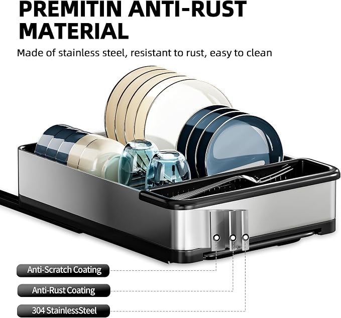 Ewaiira Stainless Steel Dish Drying Rack with Drainboard, Pull Out Cabinet Organizer 12.6" Wx16.5 D, Heavy Duty Slide Out Drawers for Plates, Kitchen Cabinets Pantry Storage