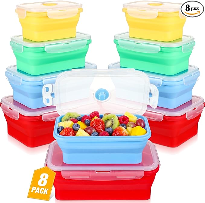 Mifoci Set of 8 Silicone Collapsible Bowls for Camping with Vent Lid Silicone Storage Containers for Food Meal Preparation Square Bowl Microwave Freezer Dishwasher Safe(Vibrant Color,Assorted Sizes)