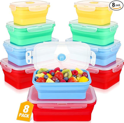 Mifoci Set of 8 Silicone Collapsible Bowls for Camping with Vent Lid Silicone Storage Containers for Food Meal Preparation Square Bowl Microwave Freezer Dishwasher Safe(Vibrant Color,Assorted Sizes)