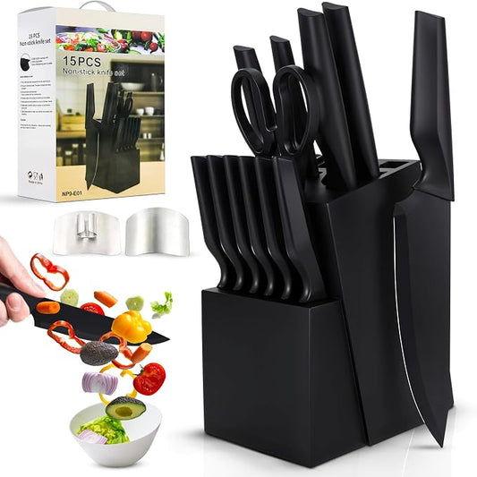 15-Piece Kitchen Knife Set with Finger Guard – Ultra-Sharp Professional Knives, Ergonomic Anti-Slip Handles, 6 Steak Knives, Dishwasher Safe, Modern Black Design – Precision & Safety in One Combo