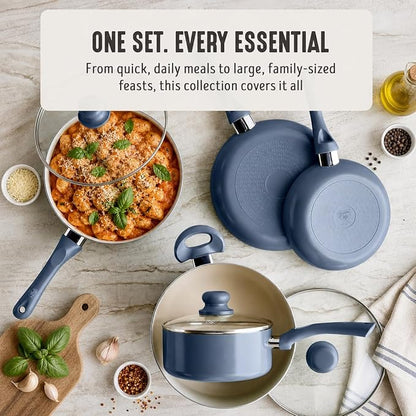 GreenLife 16-Piece Nonstick Cookware Set, Non-Toxic Ceramic Pots and Pans Set, Durable Healthy Kitchen Essentials, Fast Heating, Induction Ready, Easy Clean Dishwasher Safe, PFAS-Free, Slate Blue