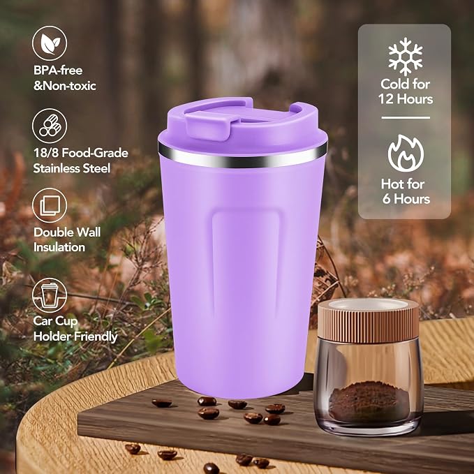 Volhoply 12 oz Double Wall Insulated Vacuum Travel Coffee Mug with Flip Lid Bulk 4 Pack,Reusable Stainless Steel Leak Proof Coffee Cup,Portable Thermal Tumbler for Hot&Cold Drinks(Assort Color,4 Set)