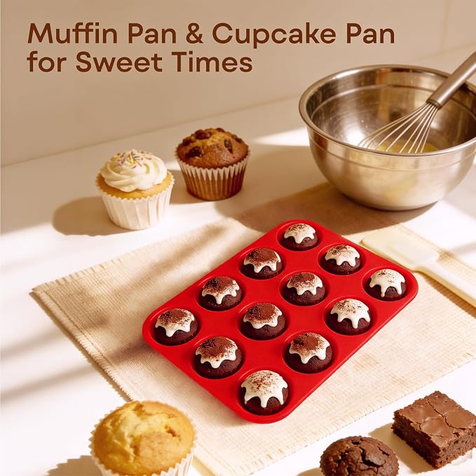Silicone Muffin Pans for Baking Nonstick 2 Pcs, 12 Cup Regular Cupcake Pan, Food-Grade Silicone Baking Molds for Cupcakes, Egg Bites, Freezer, Red