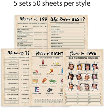 QUPT 30th Birthday Party Games, Set of 5 Activities for 10 Guests, Born in 1996 Games Bundle, Birthday Party Supplies for Adults, Pack of 50 Cards