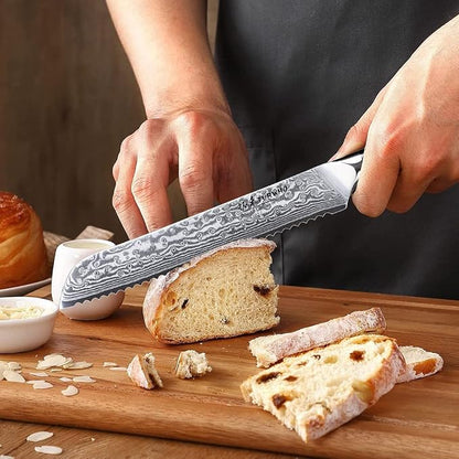 TURWHO Professional serrated Bread Knife 8 Inch - Classic Damascus pattern Japanese VG-10 Steel Kitchen Knives