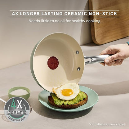 T-Fal Inspire Ceramic Nonstick Frying Pan 2-Pc Set, 8" & 10", Oven Broiler Safe up to 50°F Cookware, Ceramic Frying Pan Skillet, Pots & Pans, Mint Green