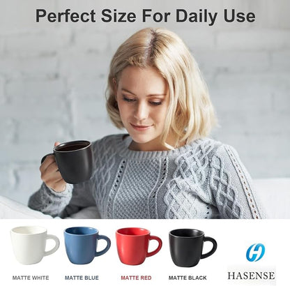HASENSE 7OZ Espresso Cups,Ceramic Cappuccino Cups Set of 4 with Handle, Demitasse Cups Set for Double shot, Latte, Americano, Cafe Mocha and Tea, Espresso Cups for Home and Office, Black