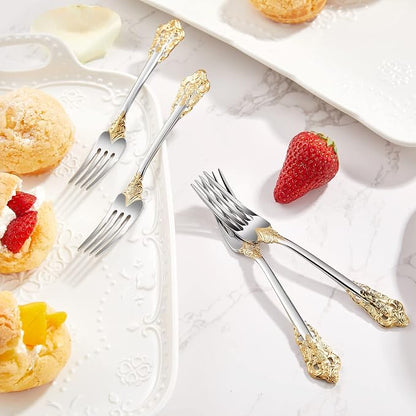KEAWELL Luxury 5.9" Appetizer Forks, 18/10 Stainless Steel, Set of 4, Gorgeous Cocktail Forks/Dessert Forks (Gold Accent)