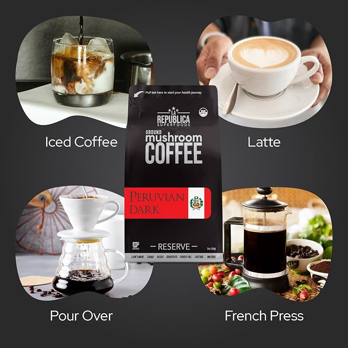 La Republica Peruvian Dark Reserve Coffee Ground for Espresso Maker (Lion's Mane, Reishi, Chaga, Dark Roast, 60 Servings)
