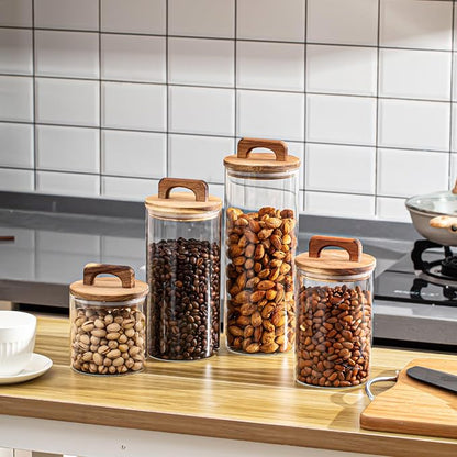 Layhit 4 Pcs Glass Food Storage Jars with Airtight Wood Lid Storage Jars Containers with Stickers Marker for Candy, Cookie, Rice, Sugar, Flour, Pasta, Nuts, 4 Size(Cylindrical)