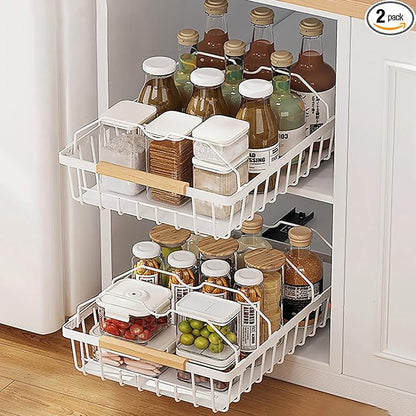 2 Pack No Drill Pull Out Cabinet Organizer, Premium Carbon Steel Slide-Out Drawers with Strong Nano Adhesive, Under Cabinet Storage for Kitchen, Pantry, Bathroom, White