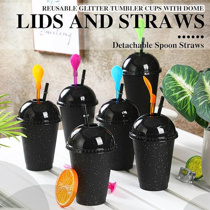 6 Set Slushie Cups with Dome Lids and Straws Detachable Spoon Straws Reusable Plastic Iced Coffee Cups Smoothie Tumbler for Birthdays Summer Party Supplies(Black,16 oz)