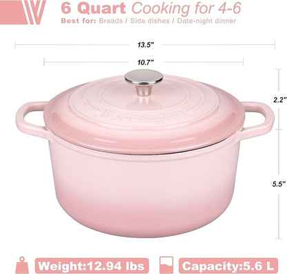 VORRINGARD Enameled Cast Iron Dutch Oven Pot with Lid, for Sourdough Bread Baking, Round Dutch Ovens, 6 Quart, Pink