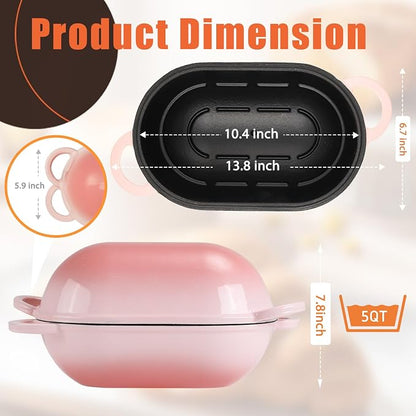 Enameled Cast Iron Oval Dutch Oven Pot with Lid, 5 QT Dutch Oven for Sourdough Bread Baking, Bread Loaf Pan with Lid & Bread Oven (Pink)