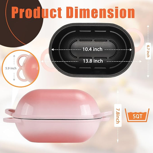 Enameled Cast Iron Oval Dutch Oven Pot with Lid, 5 QT Dutch Oven for Sourdough Bread Baking, Bread Loaf Pan with Lid & Bread Oven (Pink)