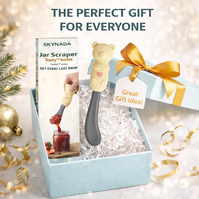 Jar Scraper Spatula - Silicone Scraper, Cute Kitchen Accessories, Unique Fun Cooking Kitchen Gadgets for Foodies - BPA-free & 100% Food Safe (Teddy - Yellow)