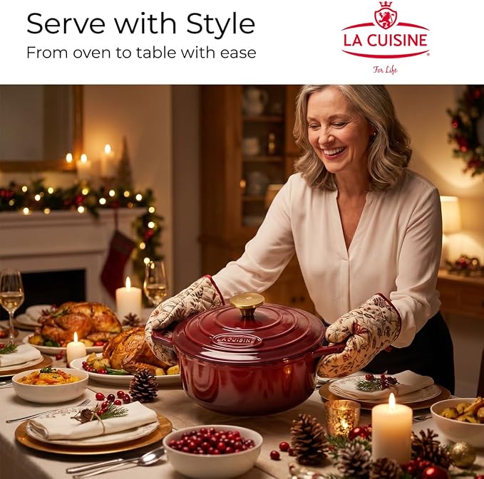 La Cuisine Enameled Cast Iron Dutch Oven Casserole Dish Pot with Lid, 5 QT 10.3“ /26cm Dia. Internal Matt Black Enamel Coating Gold-Plated SS Lid Handle Oven Safe up to 500° F, Cranberry