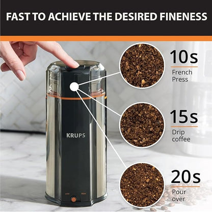 KRUPS: 3oz Coffee Grinder, Ultimate Silent Vortex Plastic and Stainless Steel Grinder with Removable Bowl Mess-Free, 8 Times Quieter, 2 Speeds 240 Watts,Dry Herbs,Dishwasher Safe,12 cups ground Silver