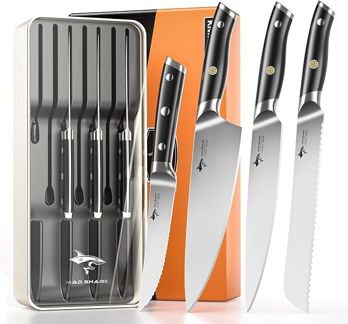 MAD SHARK 8-Piece Knife Block Set, German High-Carbon Steel Chef Set,15° Ultra-Sharp Edge,Full-Tang Lightweight Handle,Gift for husband Wife Friends