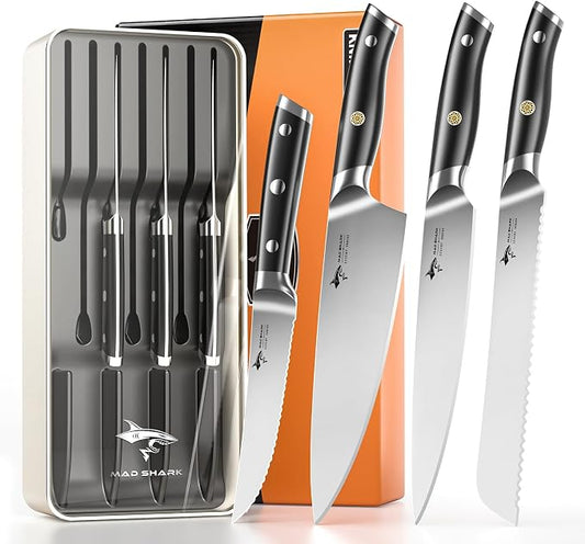 MAD SHARK 8-Piece Knife Block Set, German High-Carbon Steel Chef Set,15° Ultra-Sharp Edge,Full-Tang Lightweight Handle,Gift for husband Wife Friends