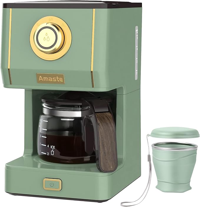 Amaste Drip Coffee Maker, Coffee Machine with 25 Oz Glass Coffee Pot, Retro Style Coffee Maker with Reusable Filter & Three Brewing Modes, Collapsible Silicone Coffee Cup,Warming Plate, Matcha Green