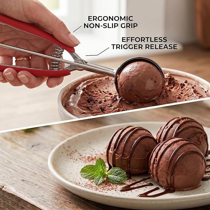 Ice Cream Scoop, 18/8 Stainless Steel Cookie Scoop, Cookie Scoops for Baking, 2Tbsp/ 30ml/ 1oz Cookie Dough Scoop, Ice Cream Scooper with Trigger Release, Cookie Scooper for Baking(Red)…