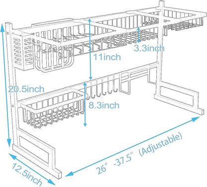 PUSDON Over Sink Dish Drying Rack Stainless Steel, Adjustable Large Dish Drainer for Storage Kitchen Organization Black 2 Tier - Standard(26"-38")