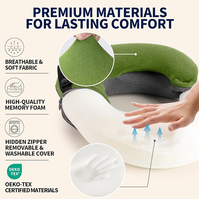 BUYUE Kids Travel Pillows for Airplane, Memory Foam 360° Head Support Sleeping Essentials for Long Flight, Skin-Friendly Soft Neck Pillow for Traveling in Car Seat, (Small, Green Grey, 40-90 lbs)