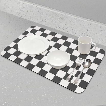CooRug Checkered Dish Drying Mat for Kitchen Counter, Absorbent Non-Slip Coffee Mat, Heat Resistant Mat for Countertops Coffee Bar Decor 16" x 24" Black