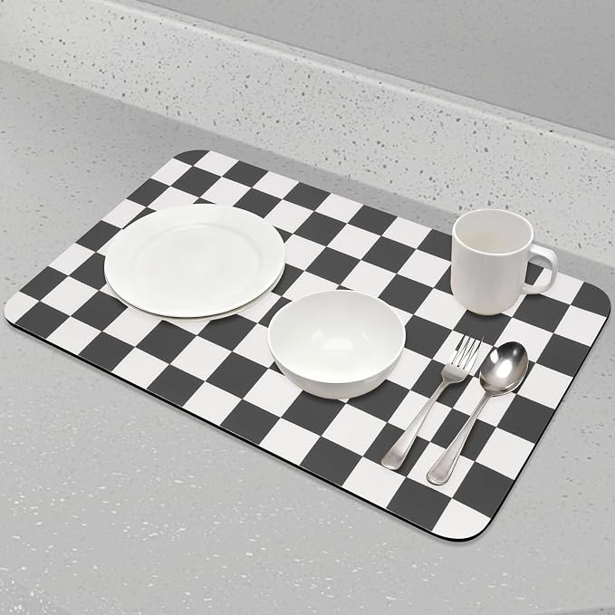 CooRug Checkered Dish Drying Mat for Kitchen Counter, Absorbent Non-Slip Coffee Mat, Heat Resistant Mat for Countertops Coffee Bar Decor 17" x 32" Black