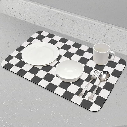 CooRug Checkered Dish Drying Mat for Kitchen Counter, Absorbent Non-Slip Coffee Mat, Heat Resistant Mat for Countertops Coffee Bar Decor 17" x 32" Black