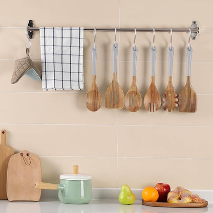 Wooden Spoons For Cooking, 6 Pieces Natural Acacia Wooden Cooking Utensils or Non-Stick Wooden Kitchen Utensil Set for Kitchen Essentials, Wood Cooking Utensils Set with Hanging Hole, Grey
