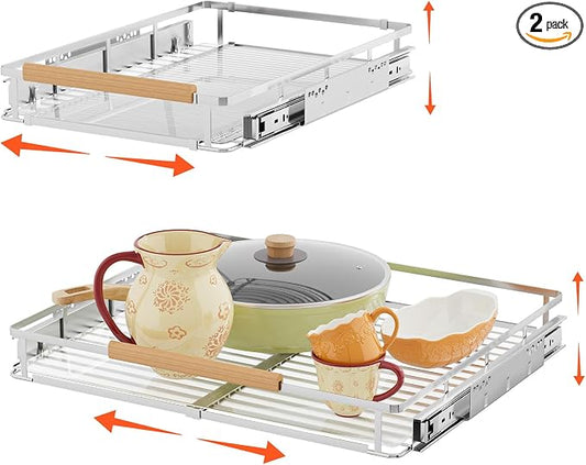 2Pack Expandable Pull Out Cabinet Organizer, 17.1"-28.1" W x 22.5" D | Stainless Steel Slide Out Drawers, Heavy Duty Drawer Slides, For Kitchen Cabinets Pantry Cupboard, Adjustable Width