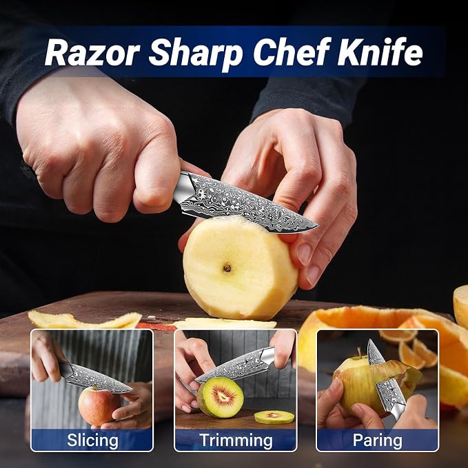 Golden Bird Damascus Paring Knife, 4 Inch VG-10 Damascus Steel Fruit Knife, Small Kitchen Knives for Precision Cutting, Japanese Peeling Knives with Wooden Handle,Gifts for Men Women