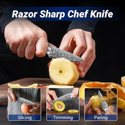 Golden Bird Damascus Paring Knife, 4 Inch VG-10 Damascus Steel Fruit Knife, Small Kitchen Knives for Precision Cutting, Japanese Peeling Knives with Wooden Handle,Gifts for Men Women