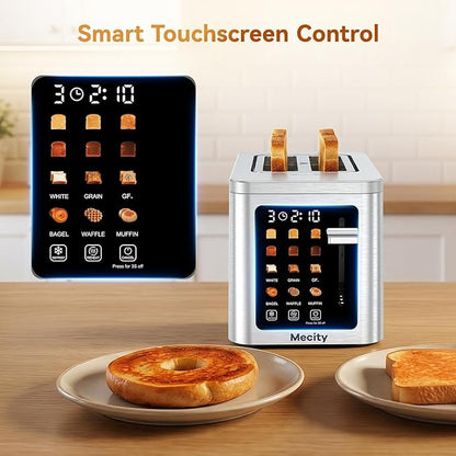 Mecity 2 Slice Toaster Smart Touchscreen, Stainless Steel Wide Slot Toasters Defrost, Reheat, Memory Function, Auto Shutoff, Digital Electric Bread Toaster for Bagel Muffin Waffle, 120V