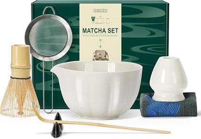 Renmxj Matcha Whisk Set,7 PCS Ceramic Matcha Kit Includes Matcha Bowl with Spout, Matcha Whisk and Holder, Bamboo Scoop, Stainless Sifter, Tea Towel, Unique Gift for Matcha Lovers (White)