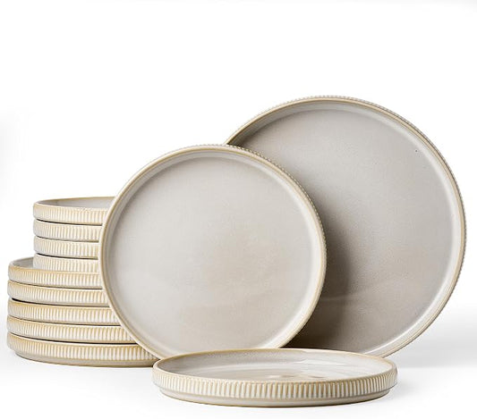 Famiware Star 12-Piece Stoneware Flat Plate Set for 6-10.5" Dinner Plates & 8" Salad Plates, High Edge Dinnerware with Trim, Chip & Scratch Resistant, Microwave & Dishwasher Safe, Cappuccino White