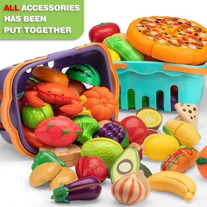 Cutting Play Food Toy For Multiple Kids with 2 Colors Storage Baskets(Purple&blue), 115 pcs Fake Food/Fruit/Vegetable for Toddler Pretend Kitchen Accessories, Boy Girl Classroom Learning/Birthday Gift